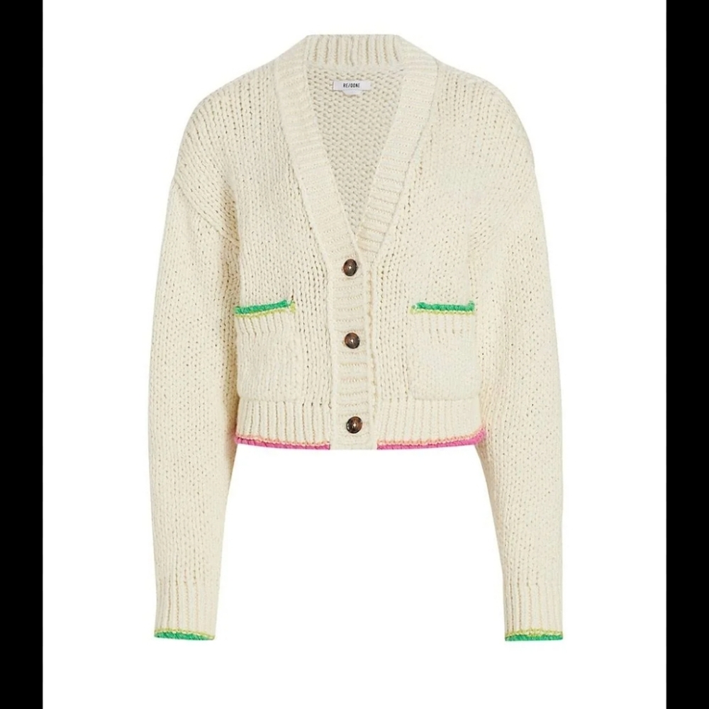 RE/DONE Ivory Combo 90s Crop Cardigan Sweater Chunky Knit Size XS